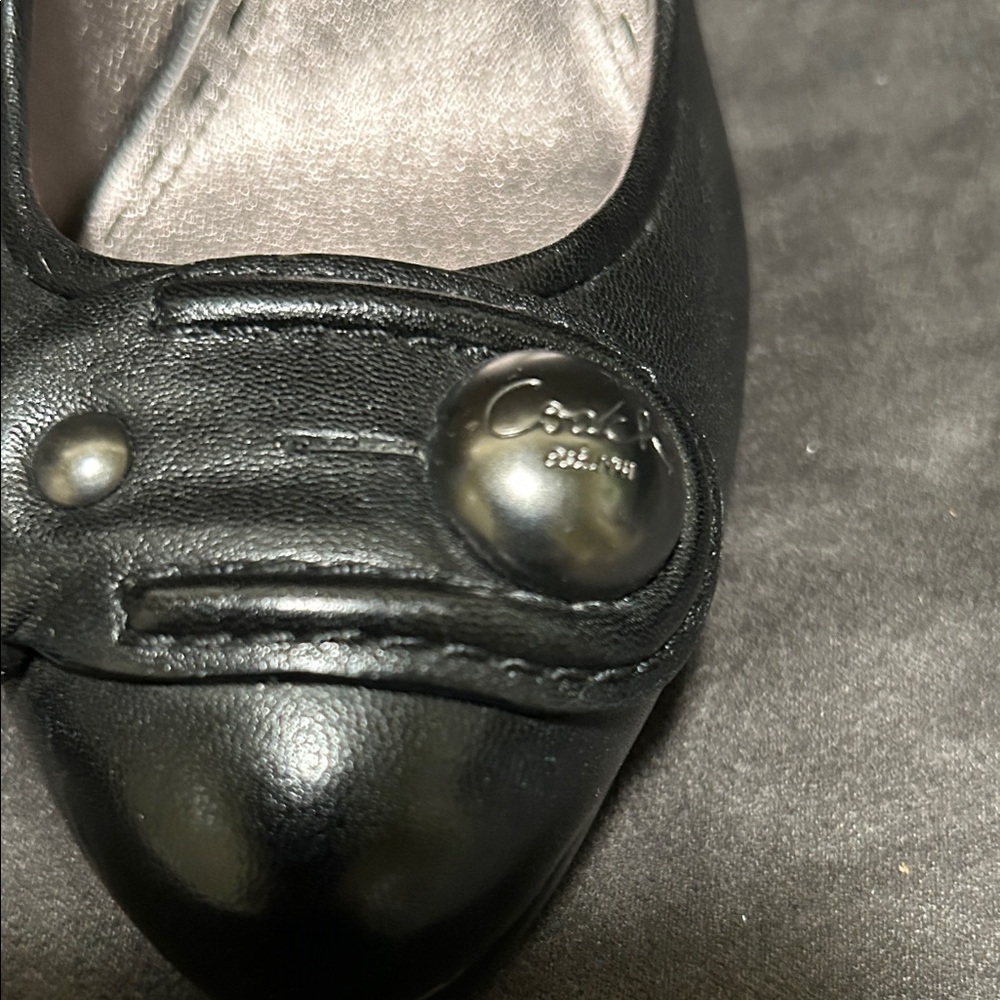 Coach Black Pointed Toe Leather Pumps with Decorative Button Detail - Picture 2 of 8